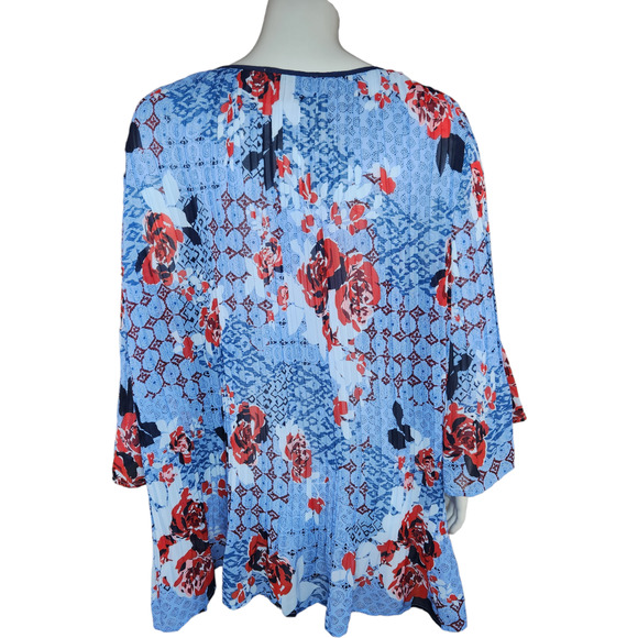 Woman Within‎ Blue Red floral CRINKLE peasant top 18/20 1X Beaded Neckline - Picture 3 of 12